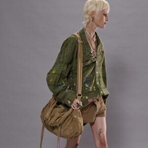 NWT R13 Drop Neck Workshirt Green Plaid Piant with Splatter and Scribbles Size M